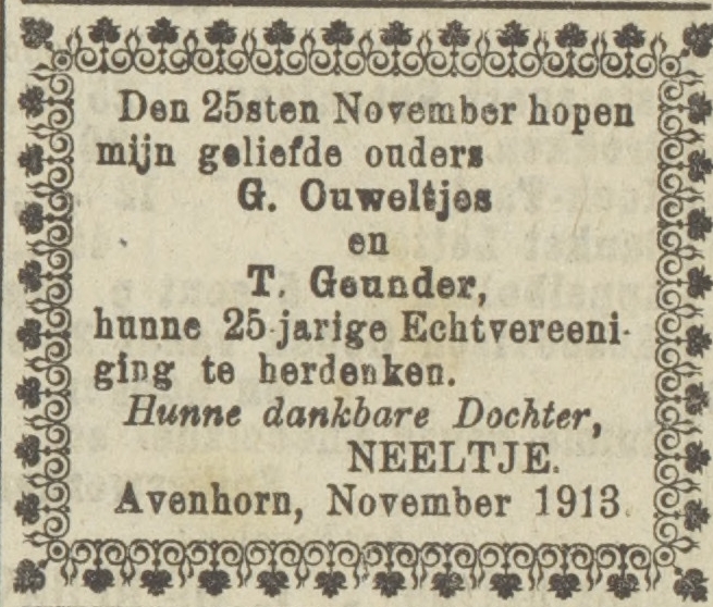 Huwelijksfeest Gerrit Ouweltjes en Trijnje Geunder [sic]. Bron: De Nieuwe Courant 19.11.1913. 